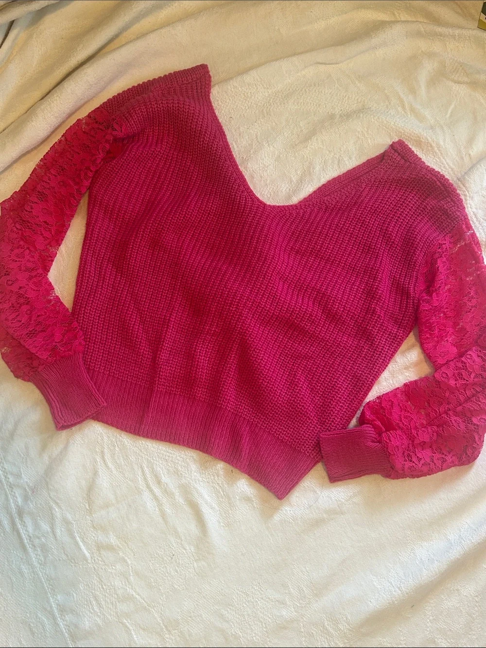NWOT Twist Back Reversible Sweater Lace Sleeves - Hot Pink, size S